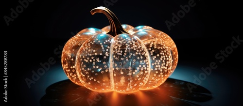 An isolated orange pumpkin with an underexposed appearance is placed on a black surface The pumpkin is adorned with sparkling crystals filling the image with a captivating effect. Creative banner photo