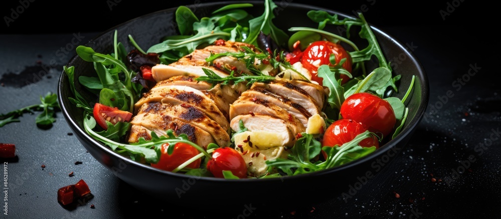 A salad consisting of grilled chicken breast tomato spinach asberg radichio and arugula is presented on a stone background creating a visually appealing copy space image A salad consisting of grilled chicken breast tomato spinach asberg radichio and arugula is presented on a stone background creating a visually appealing copy space image