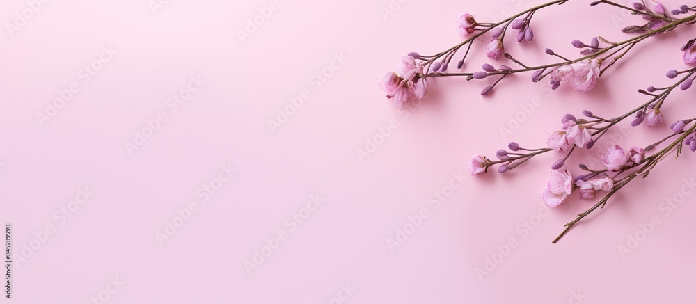 A spring themed composition for Easter holidays featuring willow branches on a pastel pink backdrop The image is flat lay with a top view providing copy space A spring themed composition for Easter holidays featuring willow branches on a pastel pink backdrop The image is flat lay with a top view providing copy space