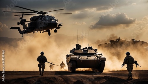 Military might on display as tank and helicopter advance.