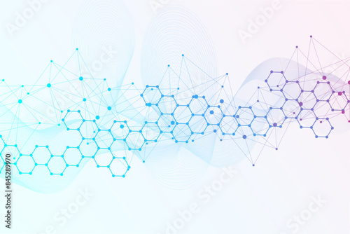Modern scientific background with hexagons, lines and dots. Wave flow abstract background. Molecular structure for medical, technology, chemistry, science. Vector illustration