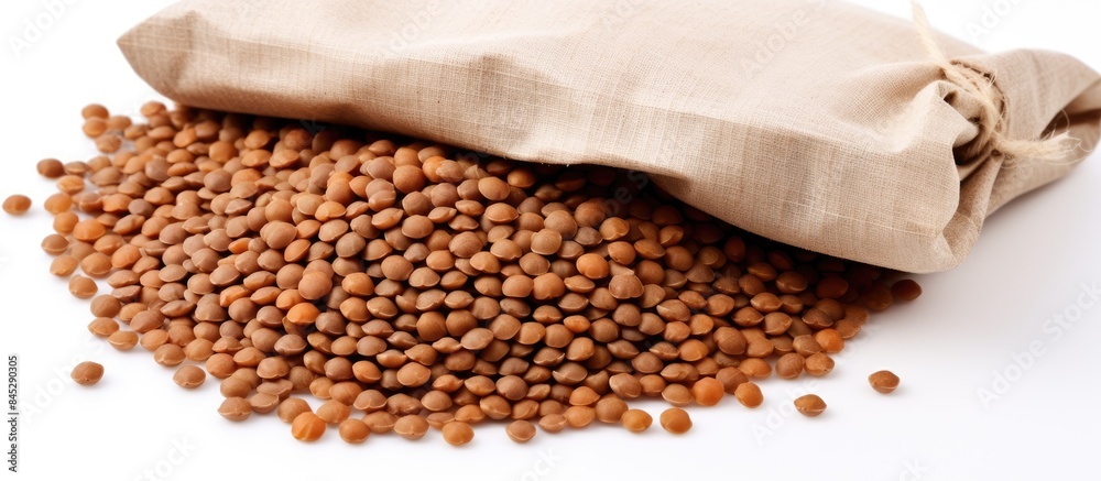 A copy space image of dry uncooked lentils in a white paper bag isolated on a white background captured with soft light in a studio setting Perfect for a festive dish during Christmas and New Year ce A copy space image of dry uncooked lentils in a white paper bag isolated on a white background captured with soft light in a studio setting Perfect for a festive dish during Christmas and New Year ce