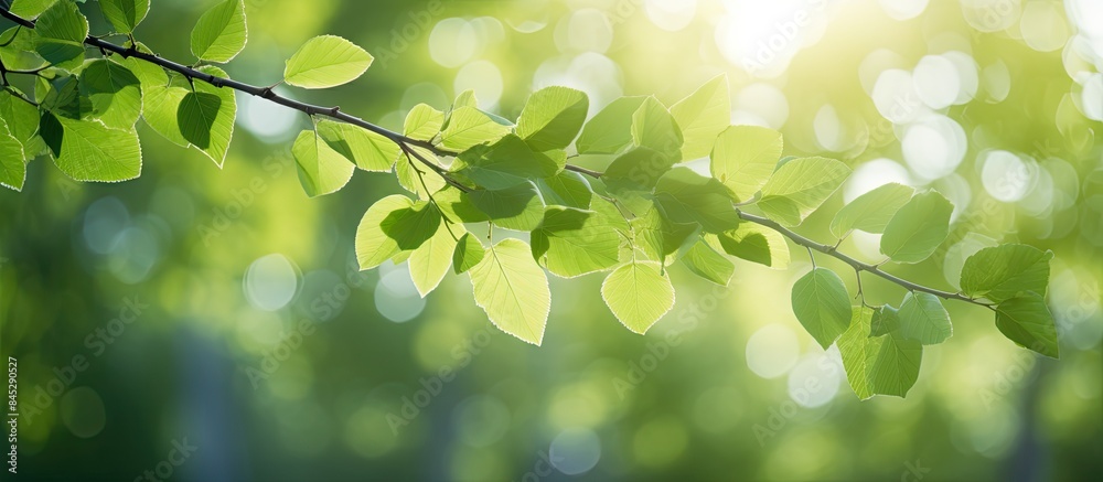Close up of birch branches with luscious green foliage creating a stunning background of blurred bokeh sun glare and ample copy space for text Close up of birch branches with luscious green foliage creating a stunning background of blurred bokeh sun glare and ample copy space for text