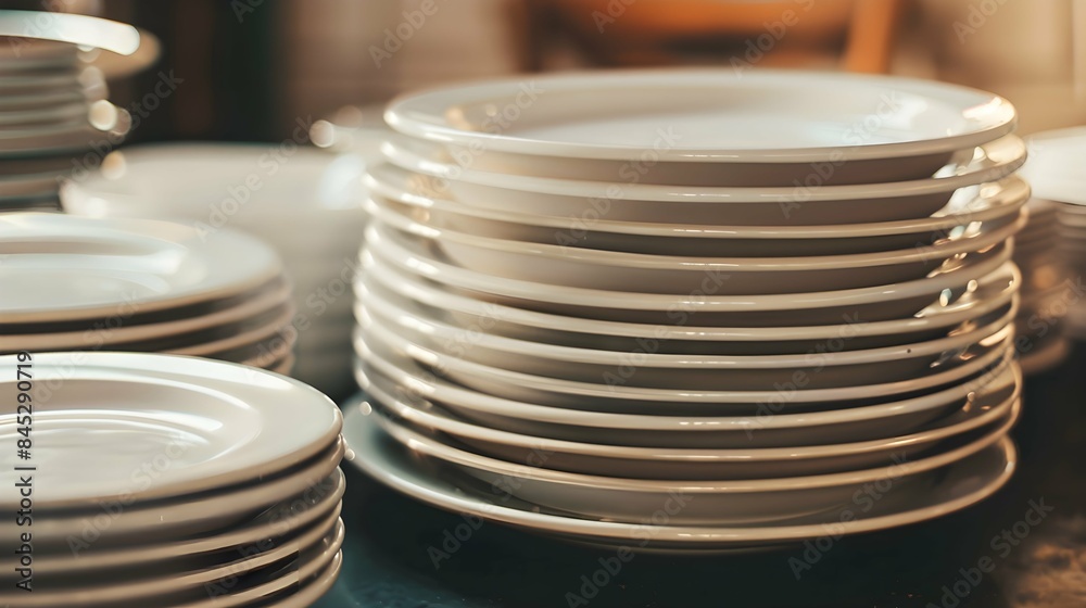Closeup clean plates stack on a table ready for use Closeup clean plates stack on a table ready for use