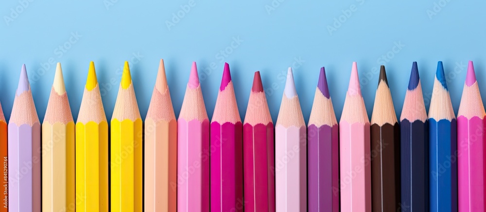A close up image of colorful pencils arranged on a pink background representing the back to school concept and showcasing the process of studying and painting with art materials The drawing with the A close up image of colorful pencils arranged on a pink background representing the back to school concept and showcasing the process of studying and painting with art materials The drawing with the