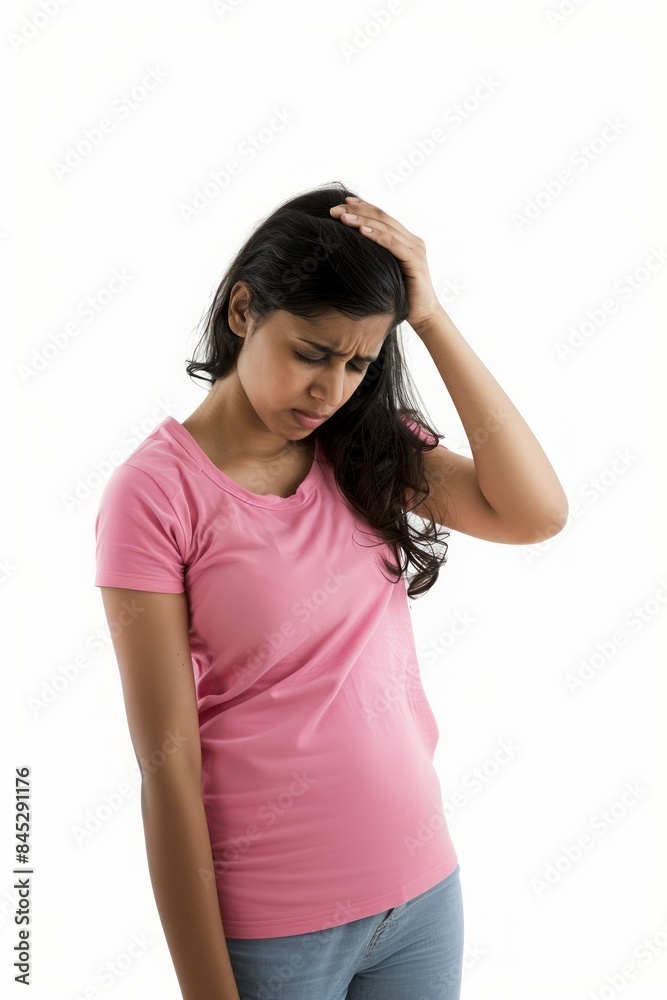 An Indian woman with her head down and her hand on her forehead shows signs of pain isolated a white background An Indian woman with her head down and her hand on her forehead shows signs of pain isolated a white background