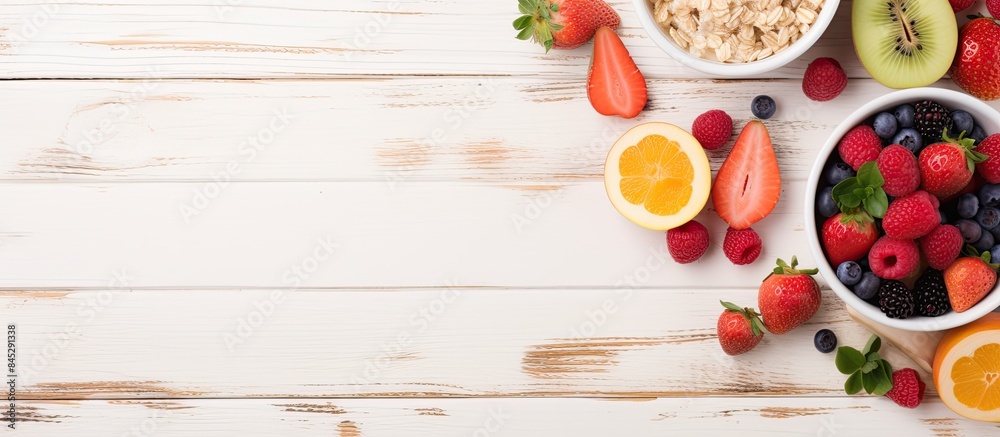 Begin your day on the right note with a nourishing breakfast of oatmeal and fruits and take some time to organize your schedule The image shows a top view of the meal arrangement on a white wooden ba Begin your day on the right note with a nourishing breakfast of oatmeal and fruits and take some time to organize your schedule The image shows a top view of the meal arrangement on a white wooden ba