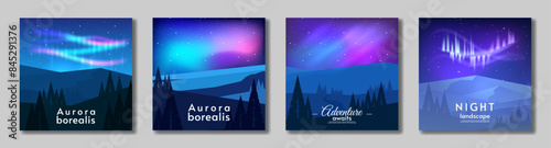 Aurora borealis landscape. Card, poster, banner template. Set of abstract background card. Flat style. Vector illustration.