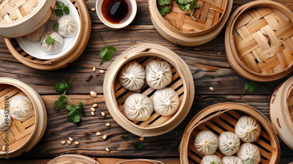 Steamed dumplings and Chinese buns placed on a wooden table
