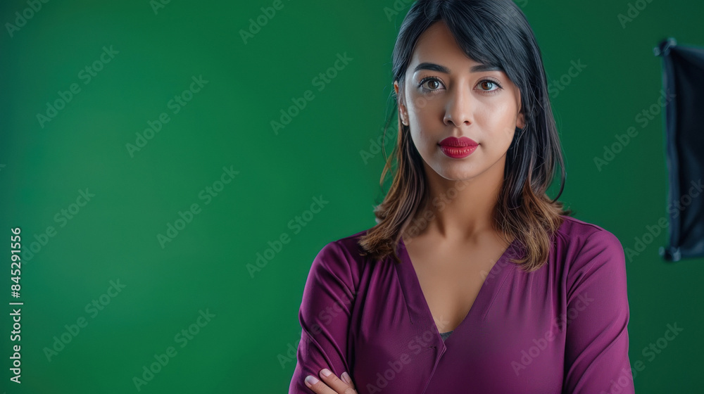 young beautiful woman standing on green background young beautiful woman standing on green background
