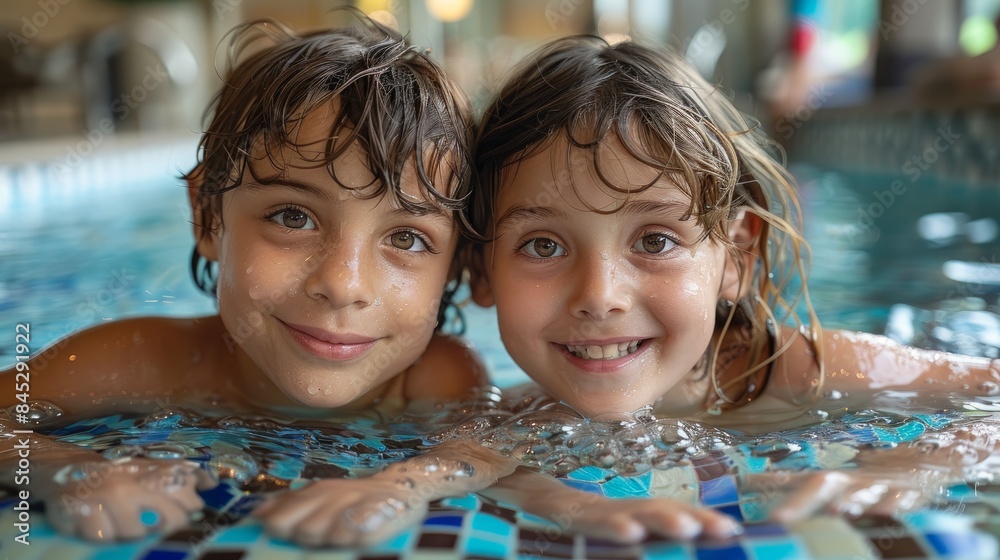 Two children on an inflatable mat in a swimming pool Two children on an inflatable mat in a swimming pool