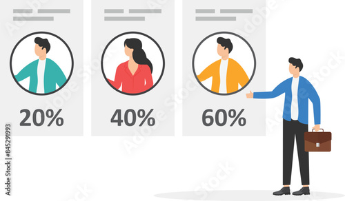 male employee adds data on election results or exit polls to website. Monitor screen with candidate data and results after voting. Technology of internet vote. Flat vector illustration

