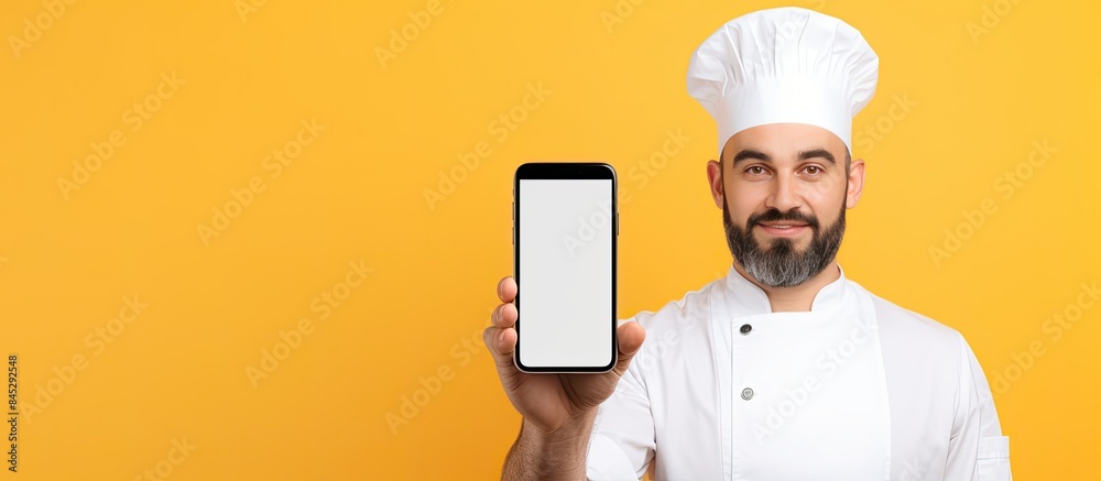 In a yellow studio background a positive chef guy holds a phone with a blank screen promoting a culinary app The mockup offers a wide view and copy space In a yellow studio background a positive chef guy holds a phone with a blank screen promoting a culinary app The mockup offers a wide view and copy space
