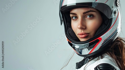 Female model in racing gear with helmet, ready for action © Leli