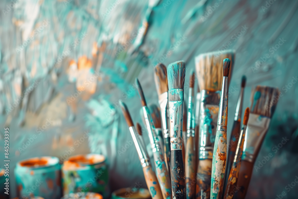 Fototapeta premium A collection of paintbrushes is arranged in an artist's studio, with a blurred background canvases and pots of paint. The closeup shot brings the brushes into focus, highlighting t
