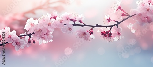 Spring brings a stunning abstract nature background adorned with pink cherry blossoms sakura Perfect for Easter and Spring cards with room for additional text