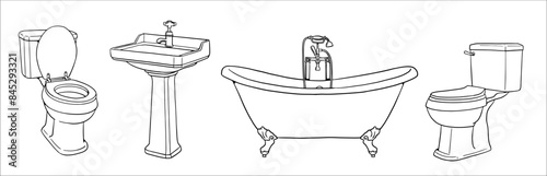 Vector drawing with sanitary elements: bathtub, washbasin and stand toilet. Bath and hygiene items set.