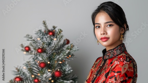 Beautiful Asian woman in red dress near decorated tree