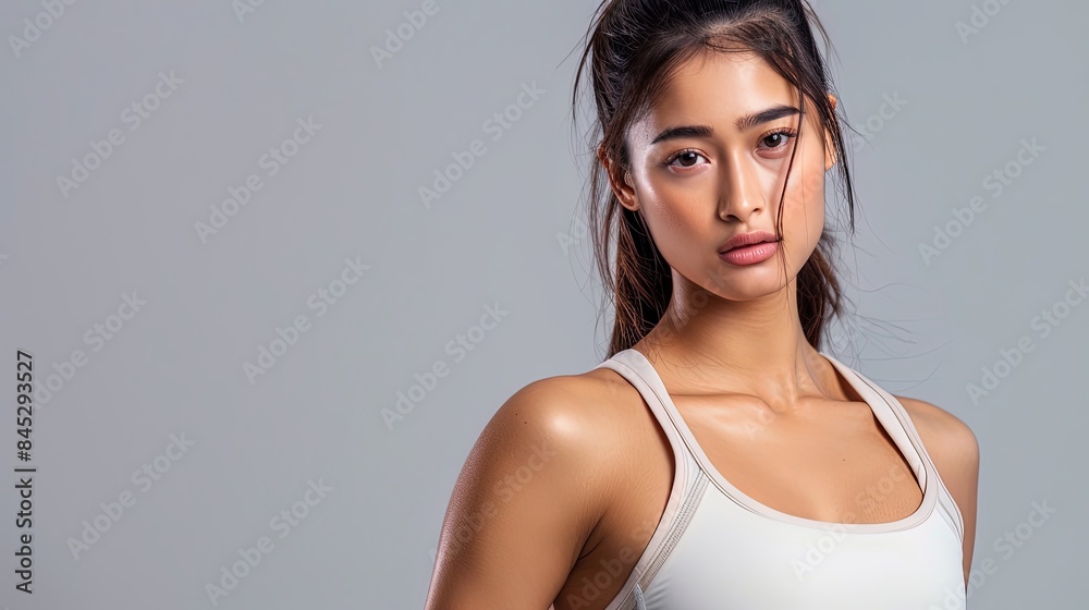 Fototapeta premium Asian female model in sportswear against a gray background