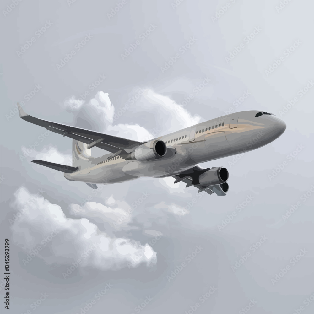 Obraz premium Web Realistic 3D model of an airplane flying in the air isolated on white background. Passenger plane sky flying. Vector Illustration