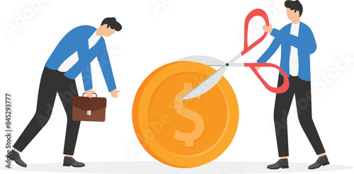 Boss cut salary for employee. Businessman uses scissors for cut coin. Unhappy male clerk after loss of wages. Economic crisis, business problems concept. Reducing corporate costs. Vector illustration
