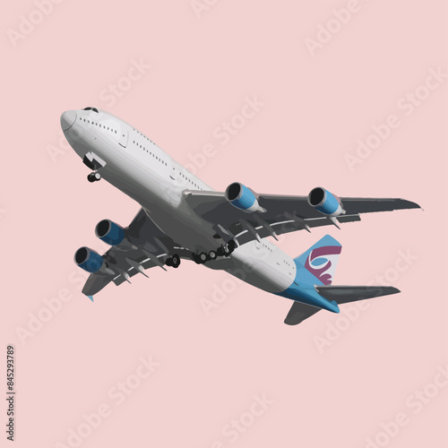 Web Realistic 3D model of an airplane flying in the air isolated on white background. Passenger plane sky flying. Vector Illustration