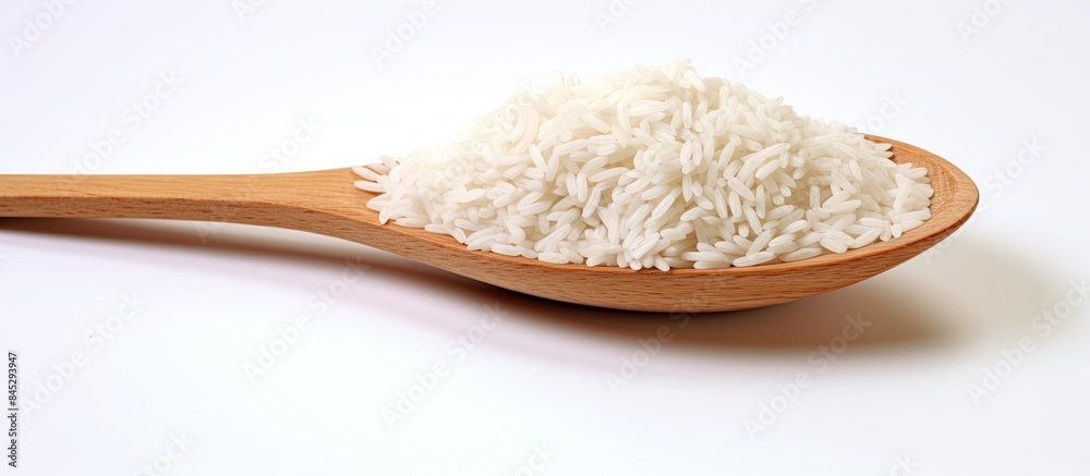 A close up shot of uncooked Jasmine rice neatly placed in a wooden spoon against a white backdrop Plenty of copy space available for customization or adding text A close up shot of uncooked Jasmine rice neatly placed in a wooden spoon against a white backdrop Plenty of copy space available for customization or adding text