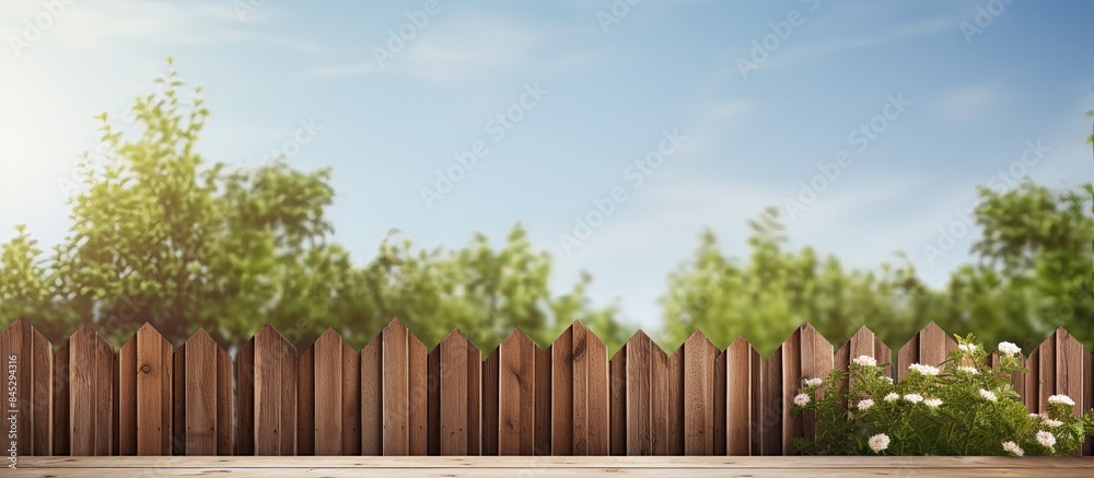 Fototapeta premium On a sunny day there is a wooden fence in the background with unpainted boards The scene is well suited for a copy space image 147 characters