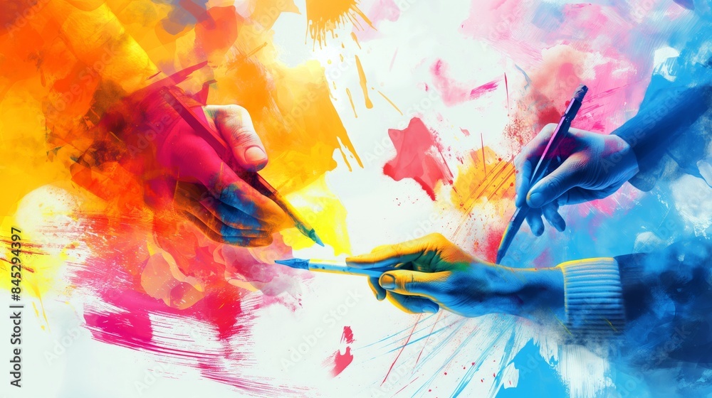 Vibrant abstract artwork with multiple hands engaging in artistic creation using brushes and pens. Vibrant abstract artwork with multiple hands engaging in artistic creation using brushes and pens.