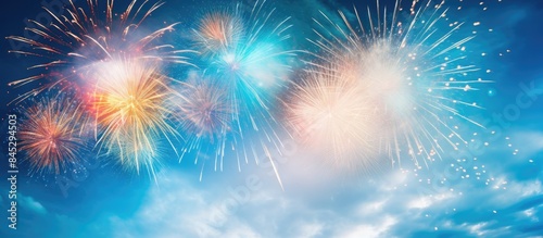 Daytime fireworks display with an captivating burst of colors against a clear blue sky providing a stunning visual spectacle Ideal for copy space image