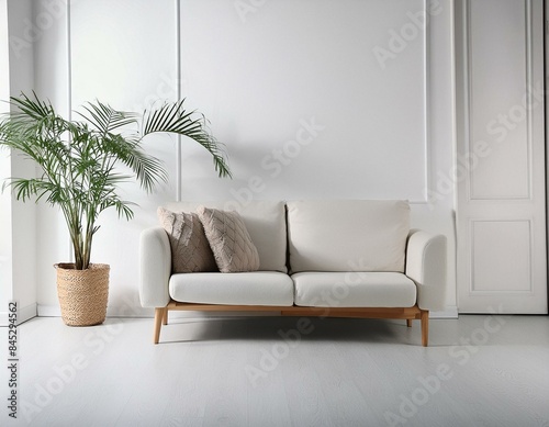 白い部屋に置かれたソファと観葉植物