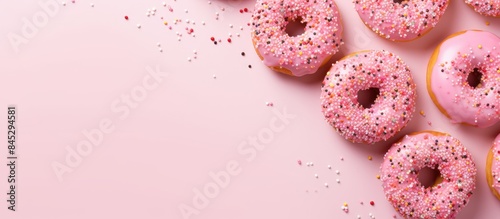 Celebrate National Donut Day with a festive holiday card concept Enjoy top view of delicious doughnuts with pink icing and sugar sprinkles placed on a pink and white background Ample copy space avail