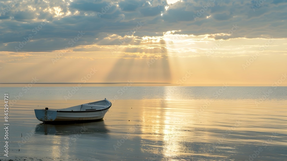 Calm sea with moored boat illuminated by golden sunlight shafts Calm sea with moored boat illuminated by golden sunlight shafts