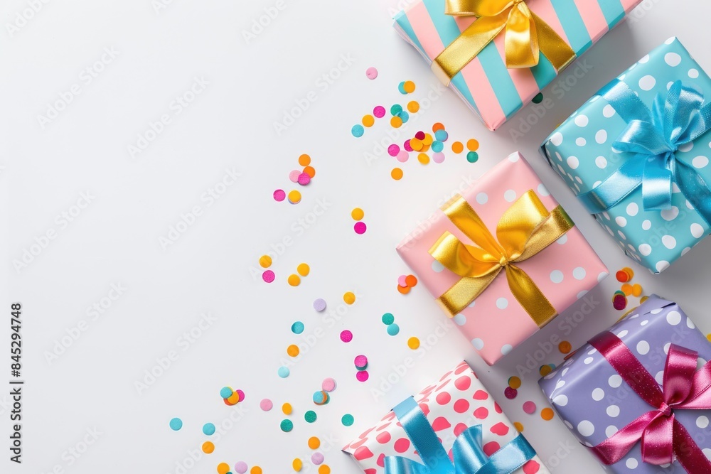 Colorful Wrapped Gifts with Confetti on White Background Colorful Wrapped Gifts with Confetti on White Background