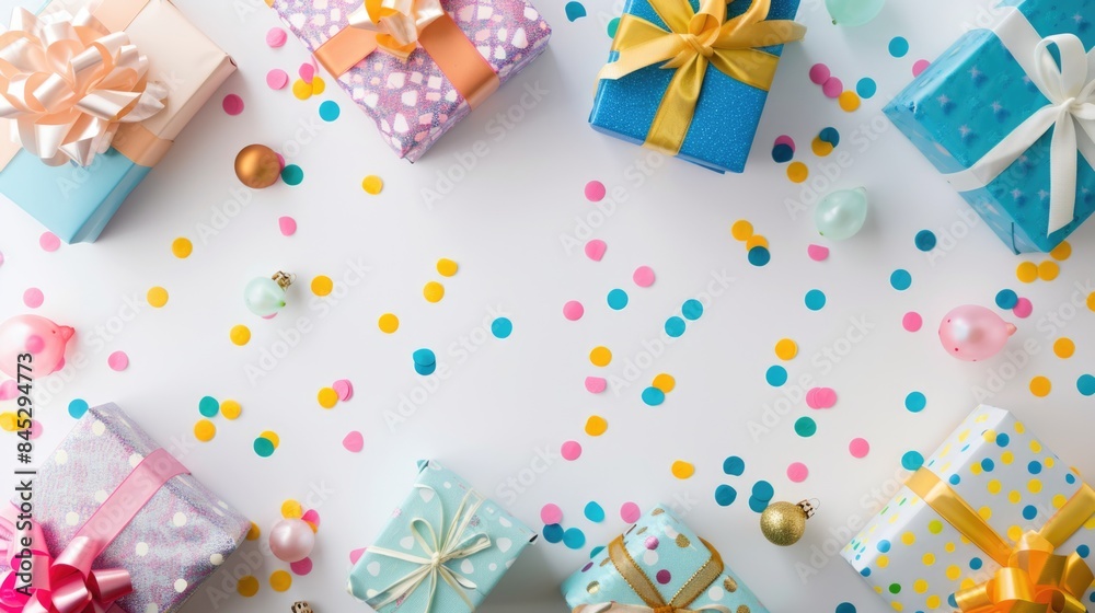 Colorful Wrapped Gifts with Confetti on White Background Colorful Wrapped Gifts with Confetti on White Background