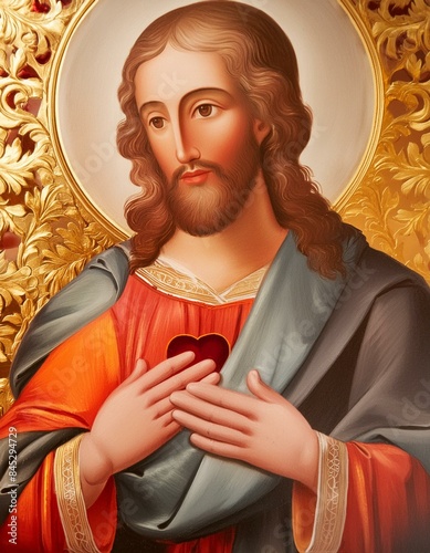Jesus mit rotem Herz und Heiligenschein als Kirchenbild photo