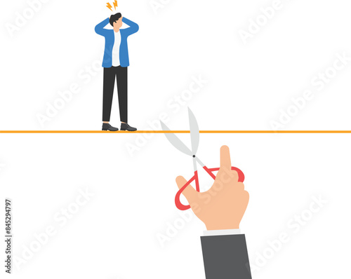 Businessman hangs on rope, giant hand uses scissors and cuts rope. Betrayal in business, dismissal, layoff. Conflict at work leads to problems. Downsizing, unemployment. flat vector illustration

