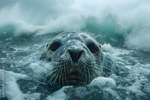 Close-Up of a Grey Seal in Ocean Waves - Marine Wildlife, Nature Photography for Print, Poster, or Card Design photo