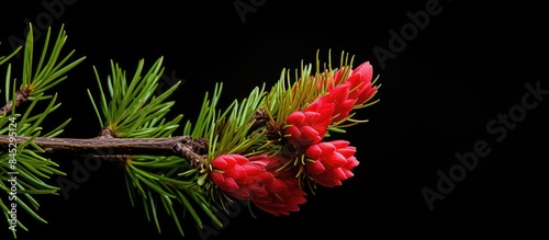 High resolution close up image of a red blooming european larchtree cone Larix decidua on a branch with fresh green needles in spring on a black background with copy space photo