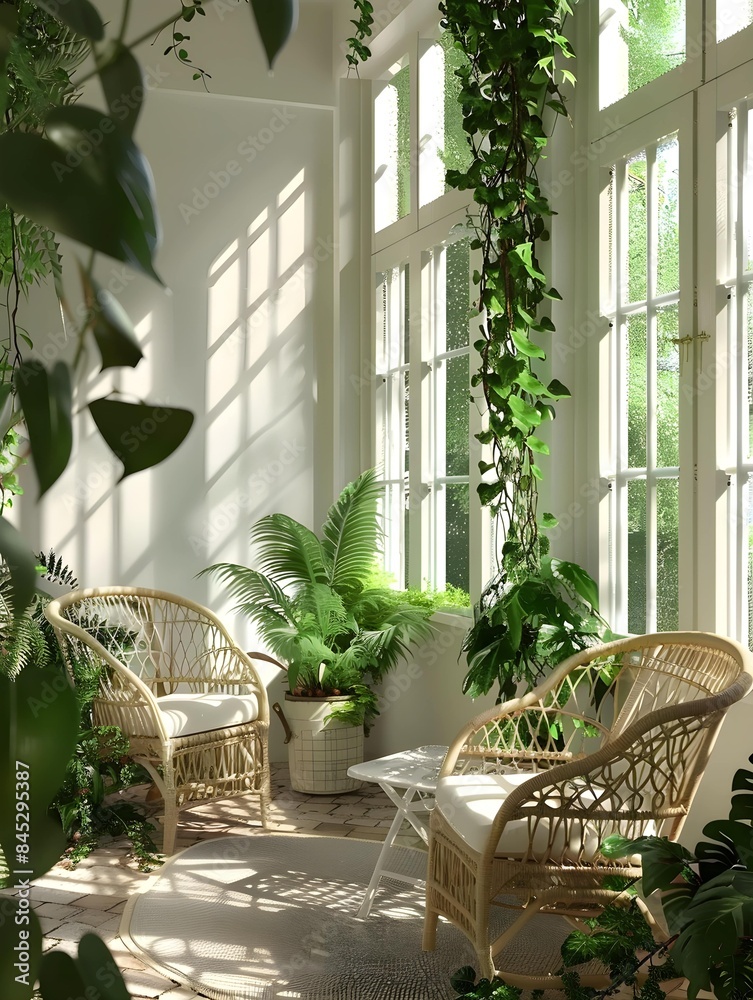 Fototapeta premium Bright and airy sunroom with wicker furniture and indoor plants