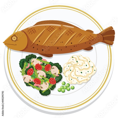 Grilled fish with vegetables and mashed potatoes