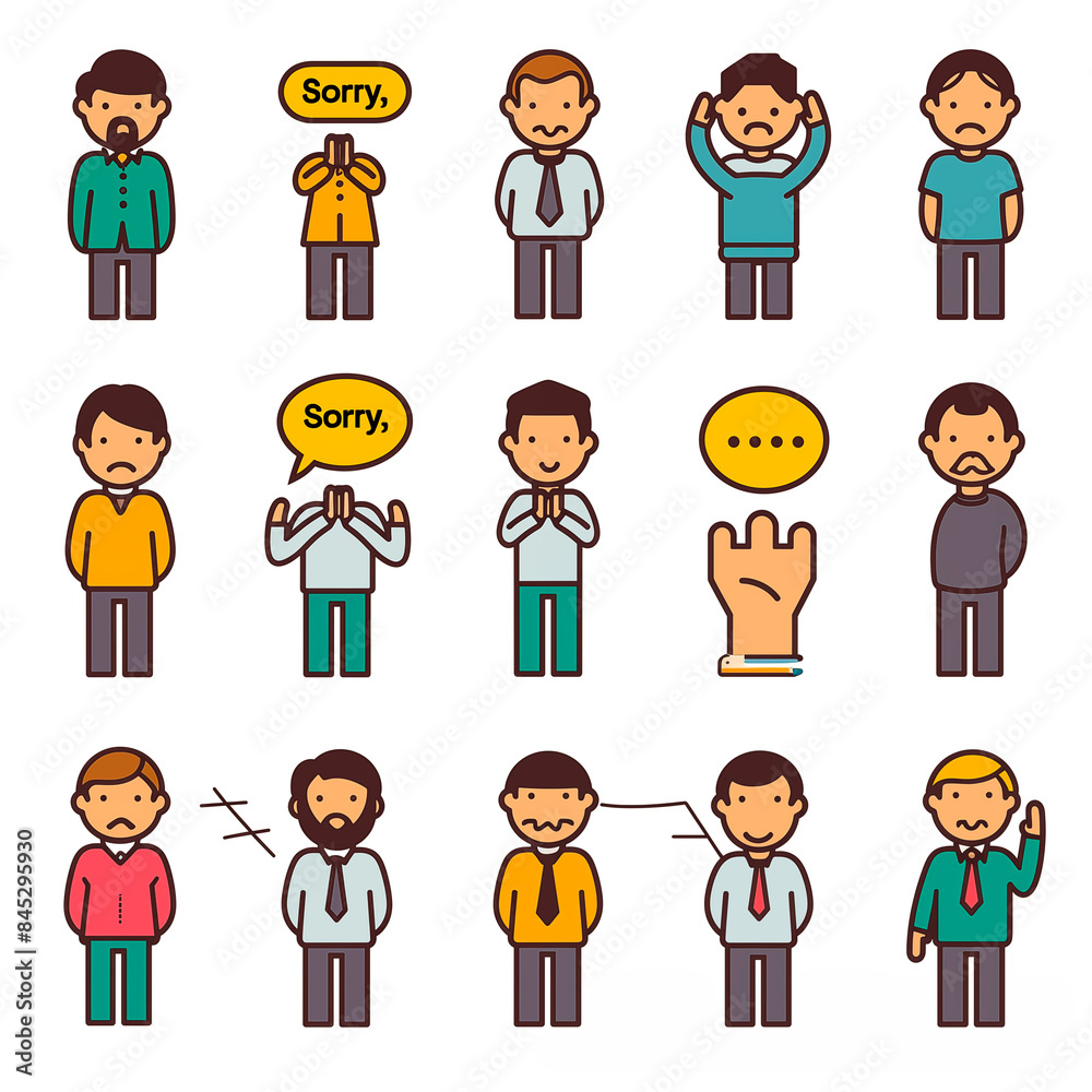 Colored Icons Depicting Various Apology Gestures Including Bowing, Speech, and Hand Gesture.
Colored Icons Depicting Various Apology Gestures Including Bowing, Speech, and Hand Gesture.