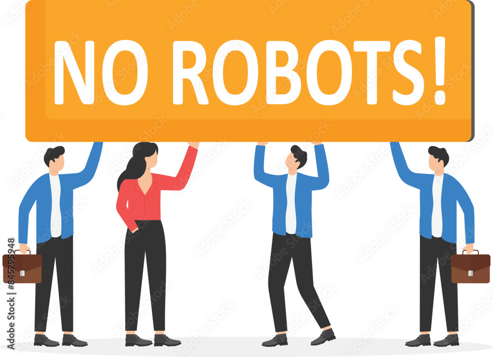 Work for people only. prohibition to use robots, chat bots or AI at work. Problems of unemployment, replacement of people by machines. Protecting labor market from technology and robotization. vector
Work for people only. prohibition to use robots, chat bots or AI at work. Problems of unemployment, replacement of people by machines. Protecting labor market from technology and robotization. vector