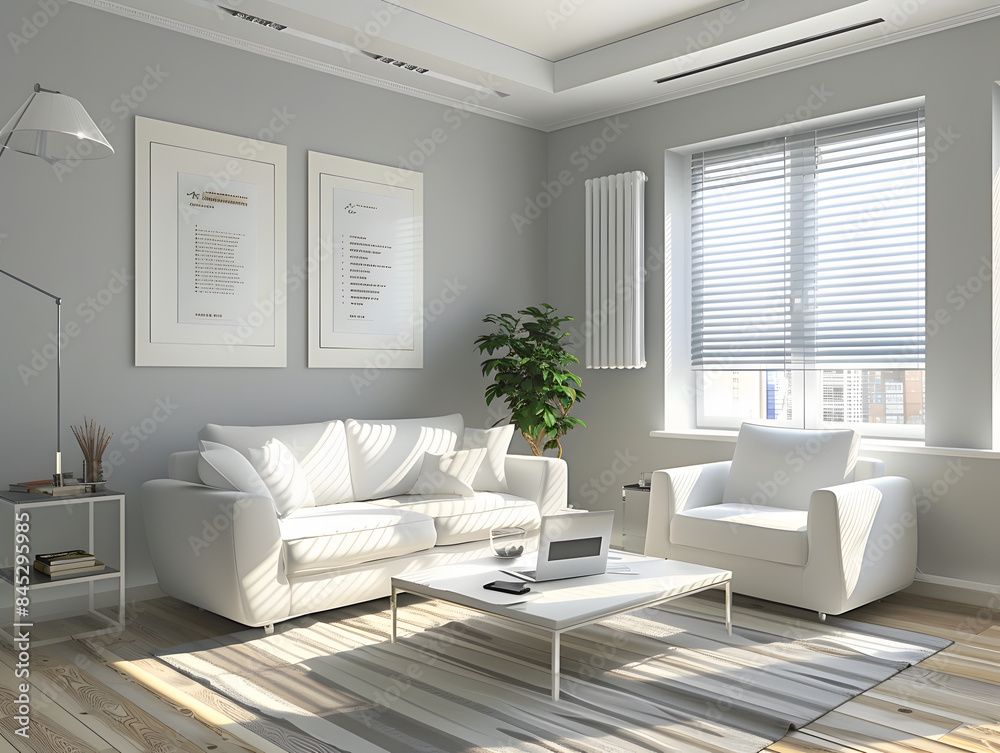 Living room with a white sofa and chair Living room with a white sofa and chair