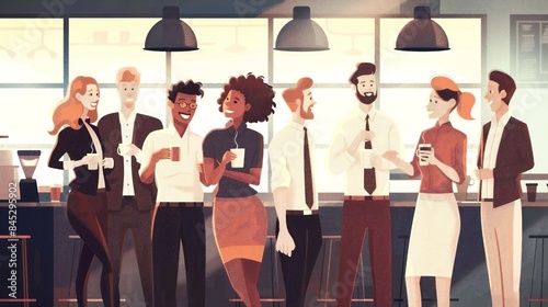 Illustration of diverse group of office workers socializing and having coffee in company breakroom with relaxed atmosphere.