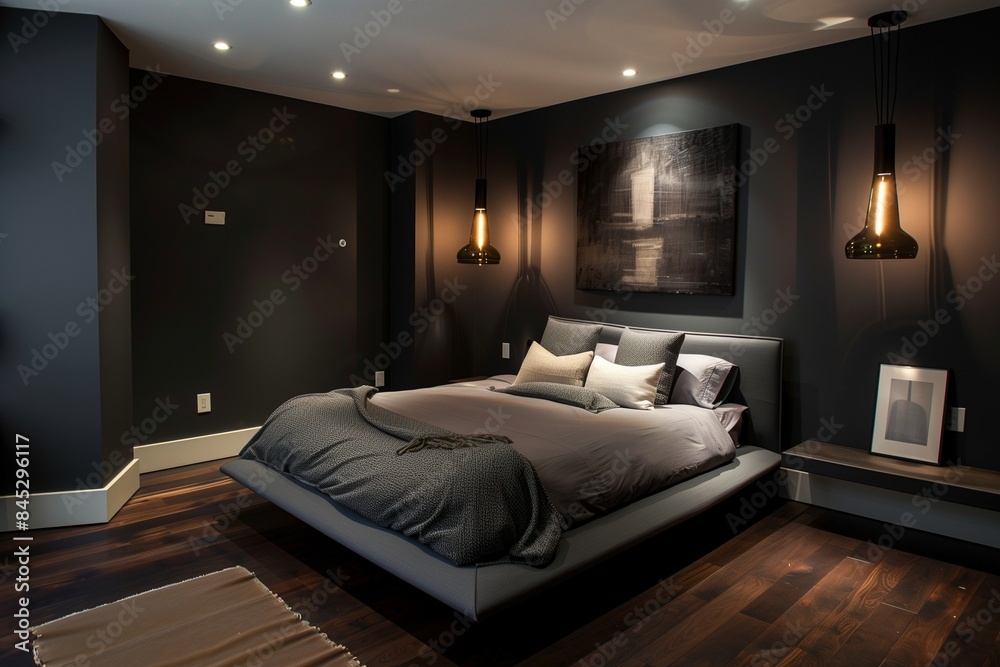/imagine A stylish bedroom with dark slate grey walls, a low-profile bed with monochromatic bedding, and a statement wall art piece, illuminated by sleek, modern pendant lights. /imagine A stylish bedroom with dark slate grey walls, a low-profile bed with monochromatic bedding, and a statement wall art piece, illuminated by sleek, modern pendant lights.