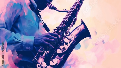 Saxophonist playing with vibrant pink and blue abstract background photo