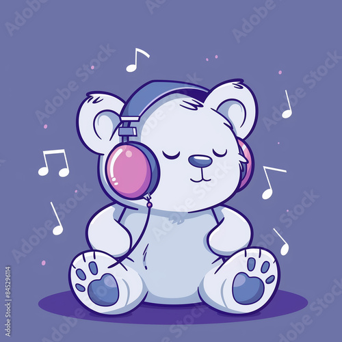 Cute teddy bear listening to music, wearing headphones, sitting on the floor, eyes close from enjoyment, doodle, cartoon illustration