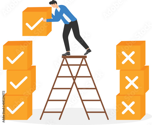 Pros and cons, businessman reflects on the advantages and disadvantages of new project. Smart businessman puts cubes with checkmark and cross. Risk management, brainstorming. flat vector illustration
