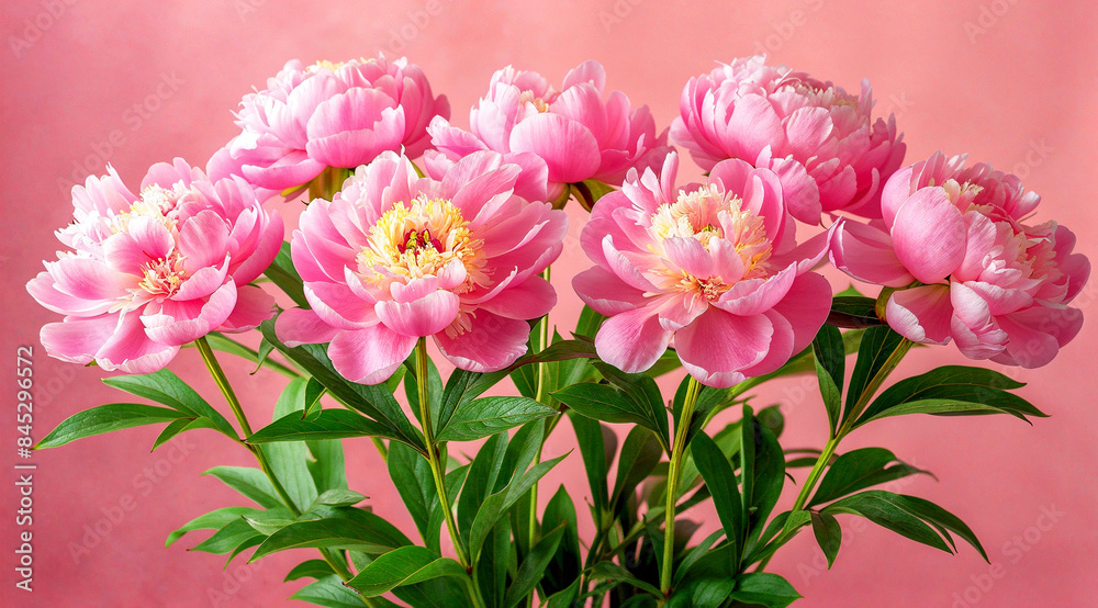 Bright Pink Peony Flowers in Bloom Against Soft Pink Background